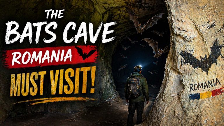 Pestera Liliecilor - O persoana cu rucsac si lanterna frontala exploreaza o pestera intunecata plina de lilieci zburatori, cu textul The Bats Cave Romania Must Visit suprapus.